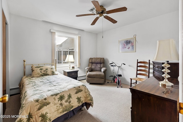 carpeted bedroom with a baseboard radiator and ceiling fan