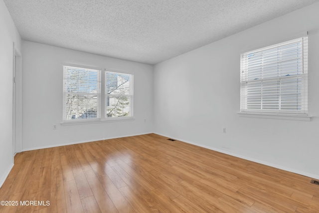 spare room featuring a textured ceiling, a healthy amount of sunlight, and light hardwood / wood-style flooring