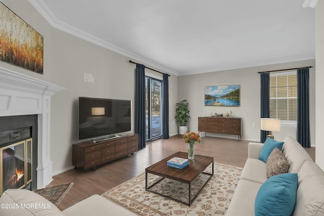 living room featuring ornamental molding and wood-type flooring