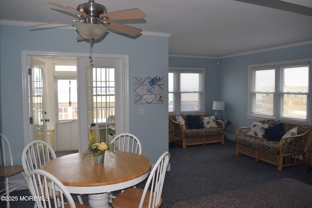 dining area with ceiling fan, ornamental molding, and plenty of natural light