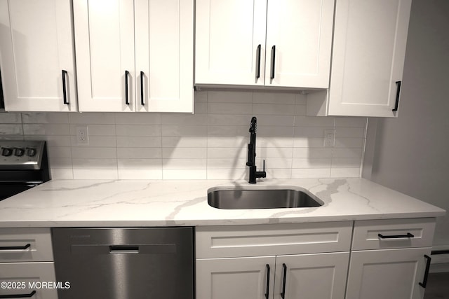 kitchen featuring sink, backsplash, white cabinets, and dishwasher