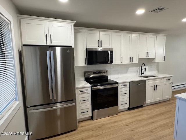 kitchen with appliances with stainless steel finishes, tasteful backsplash, white cabinets, and sink