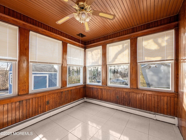 unfurnished sunroom featuring a baseboard radiator, ceiling fan, and plenty of natural light