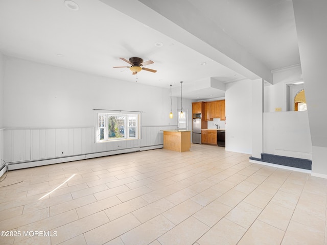 unfurnished living room featuring baseboard heating, ceiling fan, and light tile patterned floors