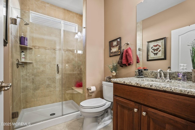 bathroom featuring an enclosed shower, vanity, toilet, and tile patterned flooring