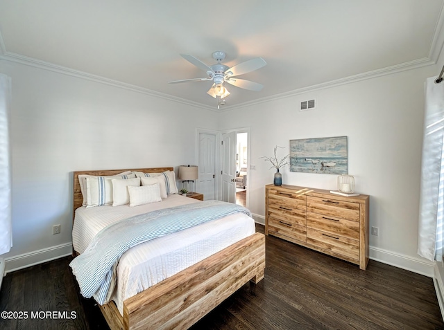 bedroom with ceiling fan, crown molding, and dark hardwood / wood-style flooring