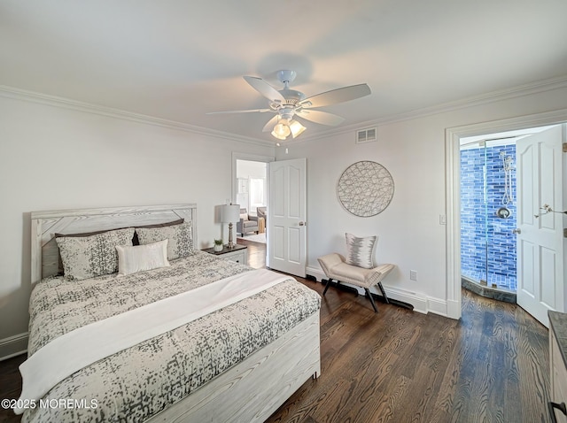 bedroom with ornamental molding, ceiling fan, and dark hardwood / wood-style floors