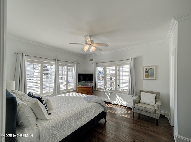 bedroom featuring ornamental molding, ceiling fan, and dark hardwood / wood-style flooring