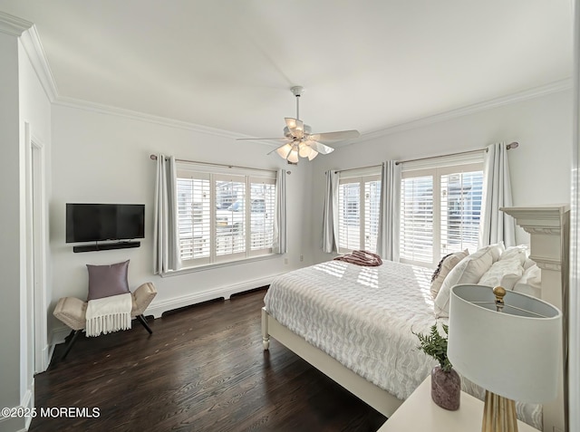 bedroom with dark wood-type flooring, ceiling fan, and ornamental molding