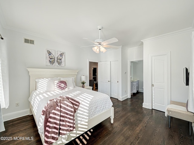 bedroom featuring ensuite bathroom, ceiling fan, ornamental molding, and dark wood-type flooring