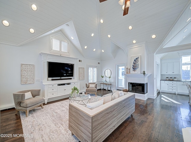 living room featuring high vaulted ceiling, dark hardwood / wood-style flooring, ceiling fan, and wooden ceiling