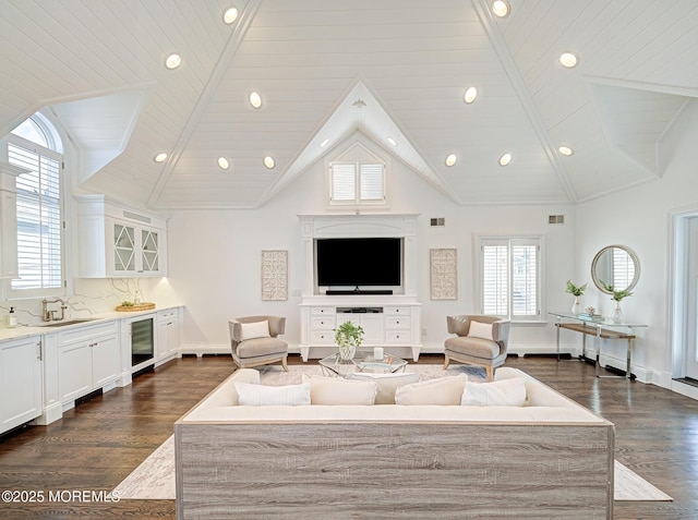 living room with high vaulted ceiling, wooden ceiling, beverage cooler, and dark hardwood / wood-style flooring