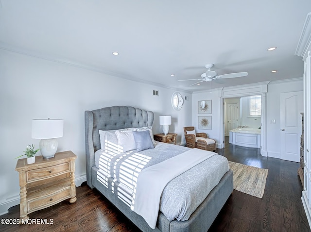 bedroom with ceiling fan, crown molding, and dark hardwood / wood-style floors