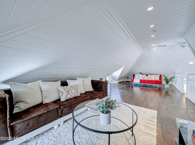 living room with wooden ceiling, lofted ceiling, and wood-type flooring