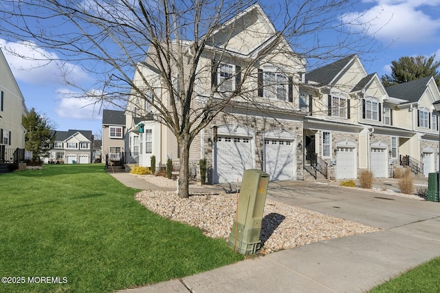 view of front of home with a front yard, cooling unit, and a garage