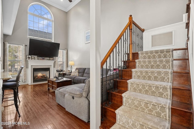 interior space featuring a high ceiling, wood-type flooring, and ornamental molding