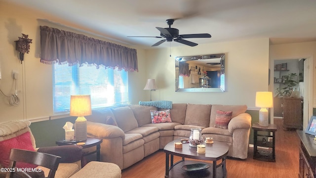 living room with ceiling fan and wood-type flooring