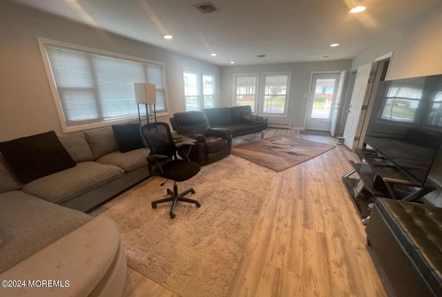 living room featuring light wood-type flooring and a healthy amount of sunlight