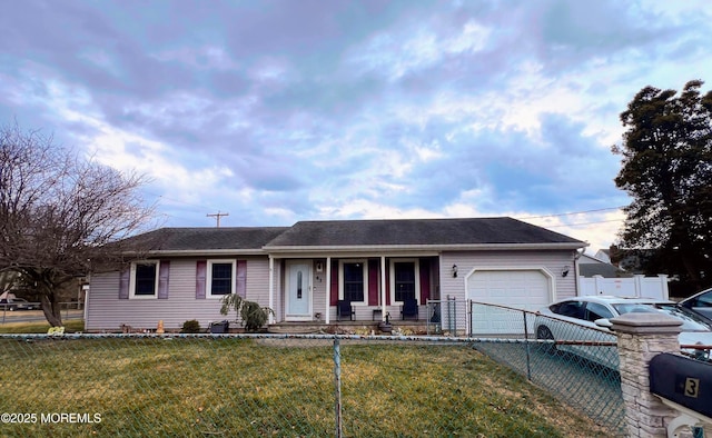 ranch-style house with a garage, covered porch, and a front lawn