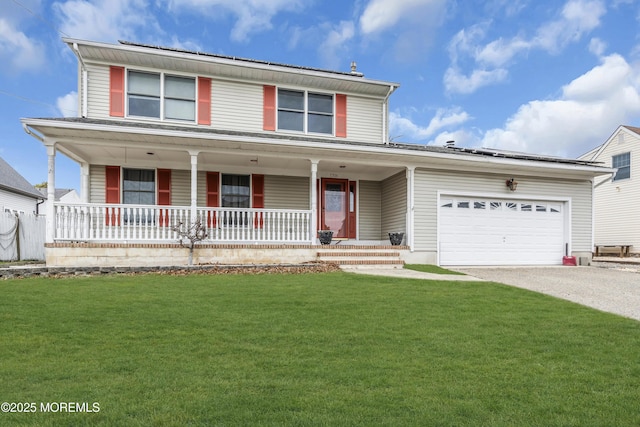 view of front property featuring a porch, a garage, and a front lawn