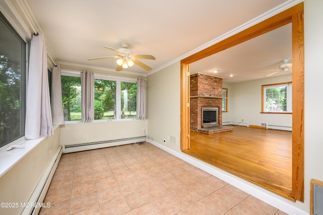 unfurnished living room featuring ceiling fan, light tile patterned flooring, and a baseboard heating unit