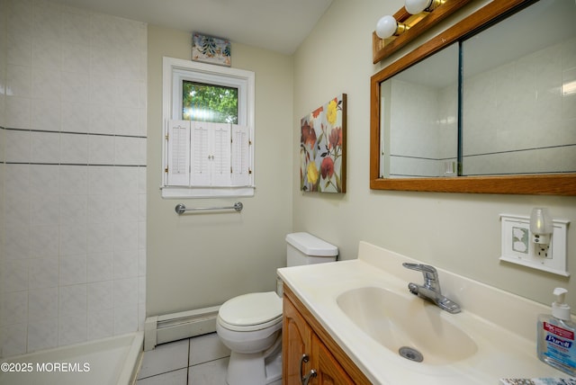 bathroom with vanity, a shower, tile patterned floors, toilet, and a baseboard radiator