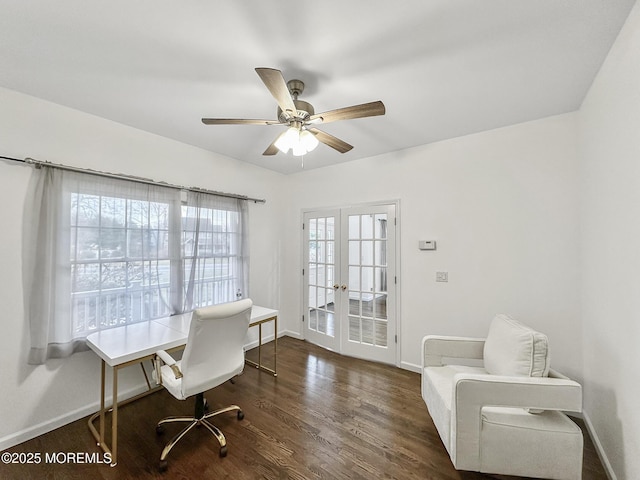 office space featuring french doors, ceiling fan, and dark wood-type flooring