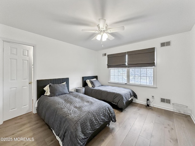 bedroom featuring ceiling fan and light hardwood / wood-style flooring