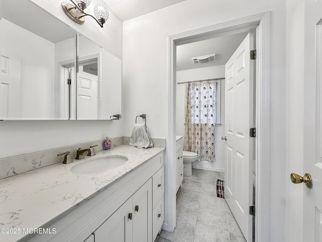 bathroom with tile patterned flooring, vanity, toilet, and a shower with curtain