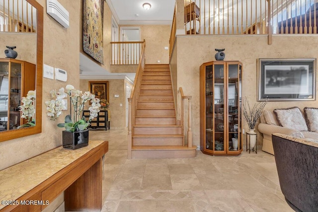 stairway with a high ceiling