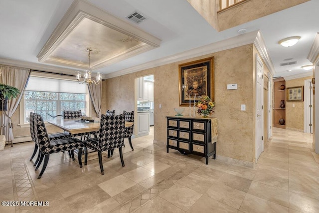 dining space featuring ornamental molding, a tray ceiling, a baseboard radiator, and a chandelier