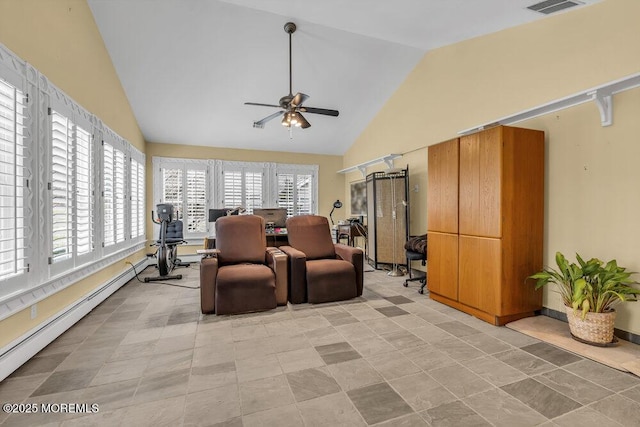 interior space with a baseboard radiator, ceiling fan, and lofted ceiling