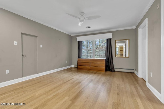 interior space with ceiling fan, light hardwood / wood-style flooring, ornamental molding, and a baseboard radiator