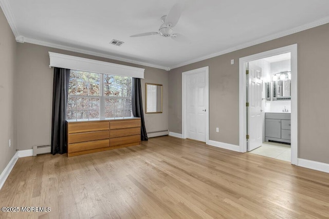 unfurnished bedroom with ensuite bath, a baseboard heating unit, ceiling fan, and crown molding