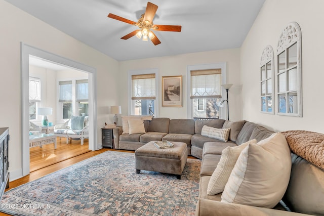 living room featuring ceiling fan and wood-type flooring