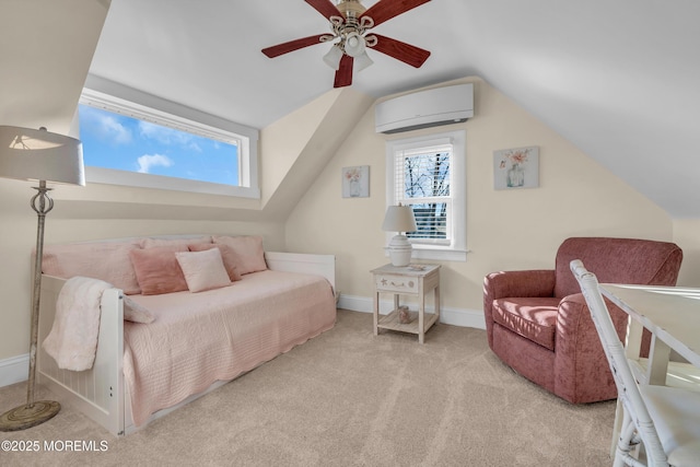 bedroom featuring lofted ceiling, ceiling fan, a wall mounted AC, and light colored carpet