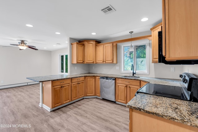 kitchen featuring dishwasher, range with electric cooktop, sink, ceiling fan, and kitchen peninsula