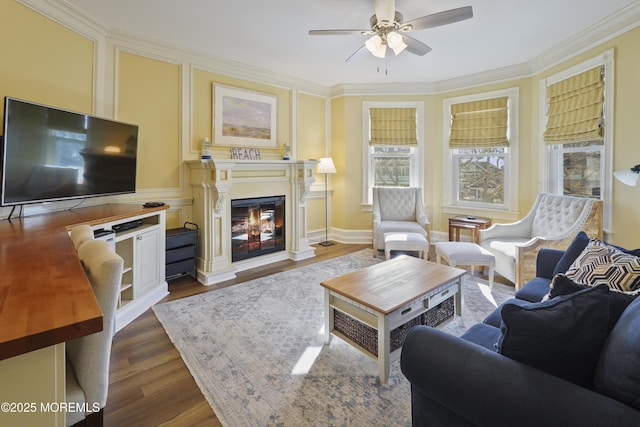 living room with dark wood-type flooring, crown molding, and ceiling fan