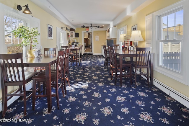 carpeted dining room with ceiling fan and baseboard heating