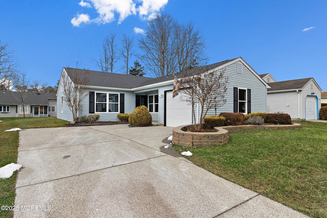 ranch-style house featuring a garage and a front lawn