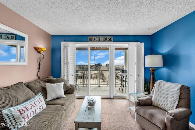 living room with a textured ceiling