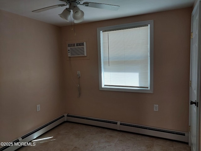 unfurnished room featuring an AC wall unit, ceiling fan, and a baseboard radiator