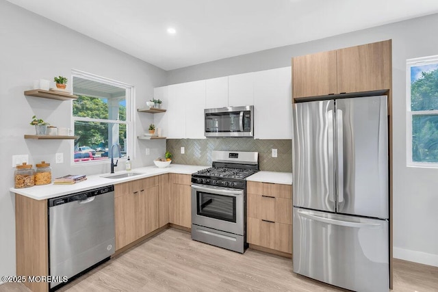 kitchen featuring sink, white cabinets, light hardwood / wood-style flooring, decorative backsplash, and appliances with stainless steel finishes