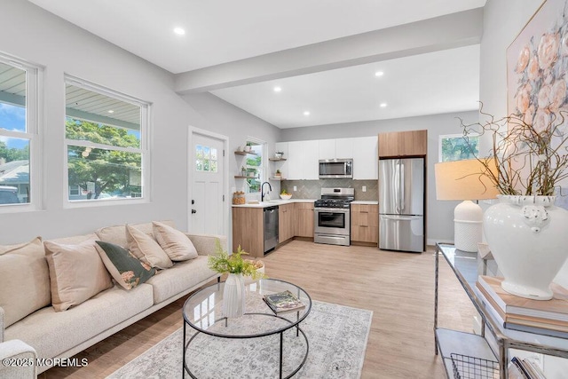 living room with light hardwood / wood-style floors and sink