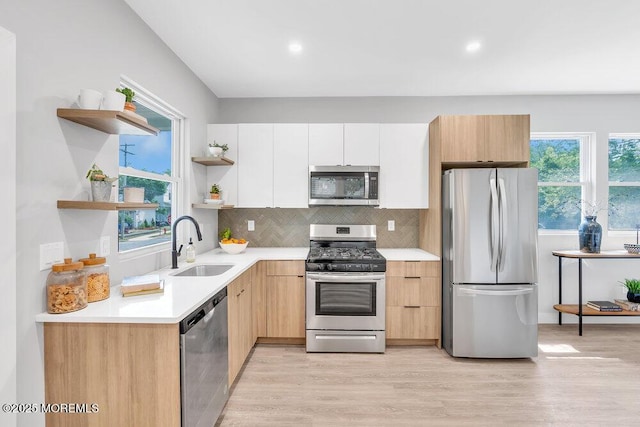 kitchen with stainless steel appliances, sink, white cabinets, light wood-type flooring, and tasteful backsplash