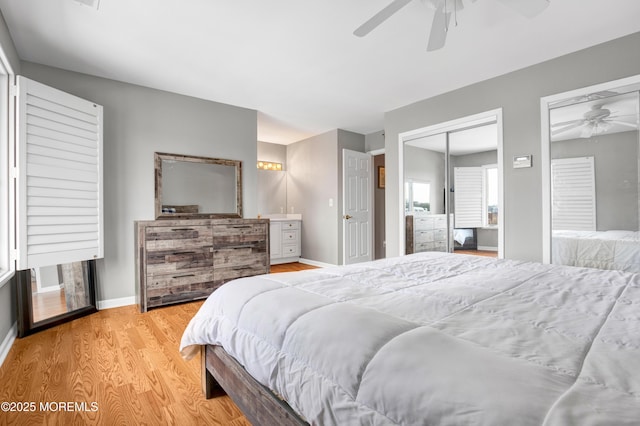 bedroom with light wood-type flooring and ceiling fan