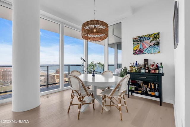 dining room with a wall of windows, a water view, plenty of natural light, and light hardwood / wood-style floors