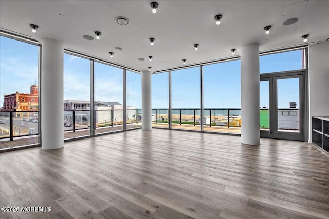 empty room with wood-type flooring, a water view, and a wealth of natural light