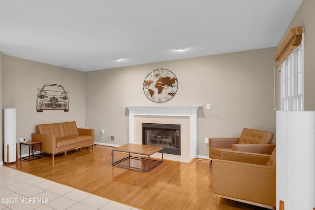 living room with a fireplace and light hardwood / wood-style floors