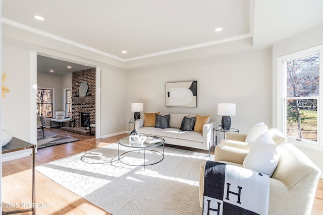 living room with a fireplace, hardwood / wood-style floors, plenty of natural light, and a tray ceiling